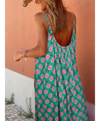 Women Bohemian Floral Print Maxi Dress Spaghetti Strap Backless Flowy Midi Long Dress Smocked Beach Sundress Dark Green $10.9...