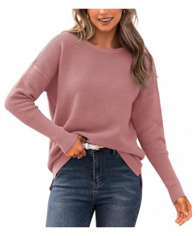 Casual Women 2023 Fall Sweater Long Sleeve Ribbed Knit Pullover Loose Crewneck Batwing Split Sweater Solid Dusty Pink $20.91 ...