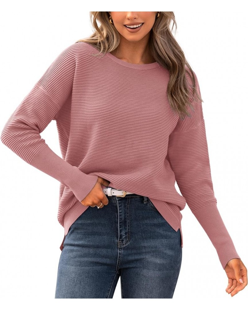 Casual Women 2023 Fall Sweater Long Sleeve Ribbed Knit Pullover Loose Crewneck Batwing Split Sweater Solid Dusty Pink $20.91 ...