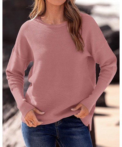 Casual Women 2023 Fall Sweater Long Sleeve Ribbed Knit Pullover Loose Crewneck Batwing Split Sweater Solid Dusty Pink $20.91 ...