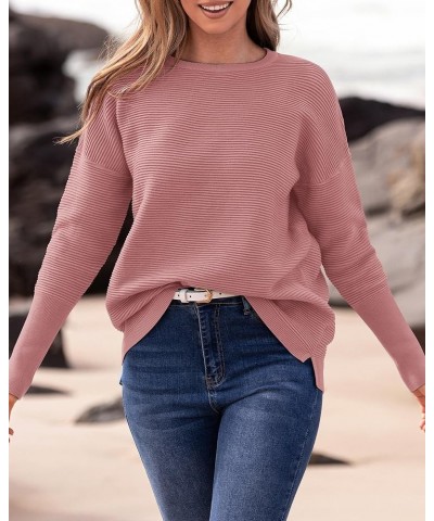 Casual Women 2023 Fall Sweater Long Sleeve Ribbed Knit Pullover Loose Crewneck Batwing Split Sweater Solid Dusty Pink $20.91 ...