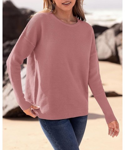 Casual Women 2023 Fall Sweater Long Sleeve Ribbed Knit Pullover Loose Crewneck Batwing Split Sweater Solid Dusty Pink $20.91 ...