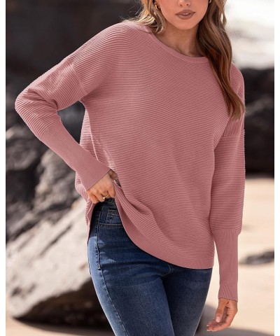 Casual Women 2023 Fall Sweater Long Sleeve Ribbed Knit Pullover Loose Crewneck Batwing Split Sweater Solid Dusty Pink $20.91 ...