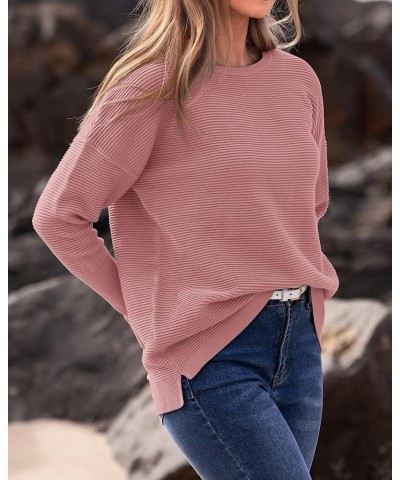 Casual Women 2023 Fall Sweater Long Sleeve Ribbed Knit Pullover Loose Crewneck Batwing Split Sweater Solid Dusty Pink $20.91 ...