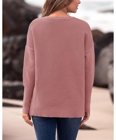 Casual Women 2023 Fall Sweater Long Sleeve Ribbed Knit Pullover Loose Crewneck Batwing Split Sweater Solid Dusty Pink $20.91 ...