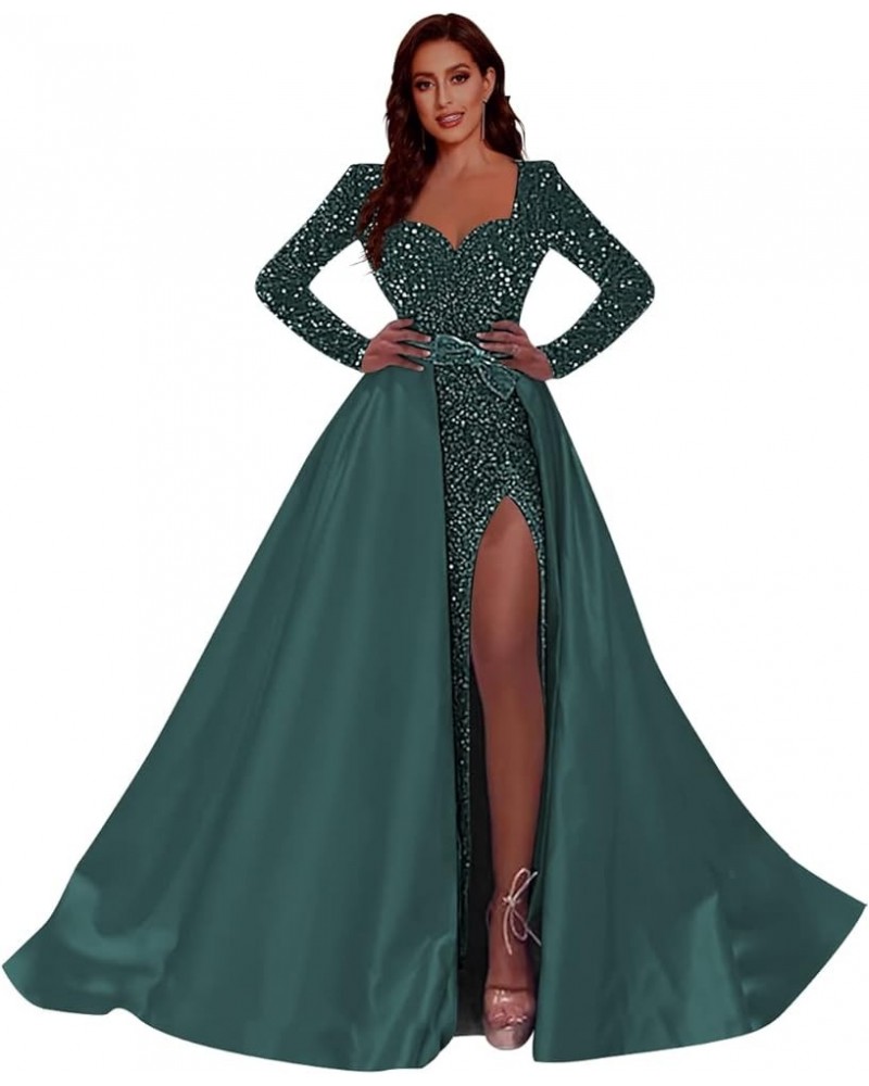 Women Sequin Long Prom Dresses 2024 with Slit Long Sleeve Formal Evening Ball Gown with Detachable Train RO024 B-teal $35.00 ...