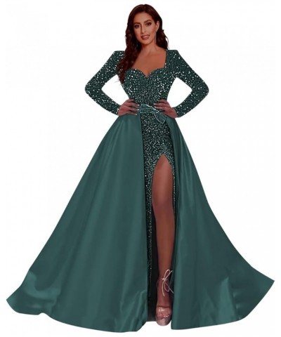 Women Sequin Long Prom Dresses 2024 with Slit Long Sleeve Formal Evening Ball Gown with Detachable Train RO024 B-teal $35.00 ...