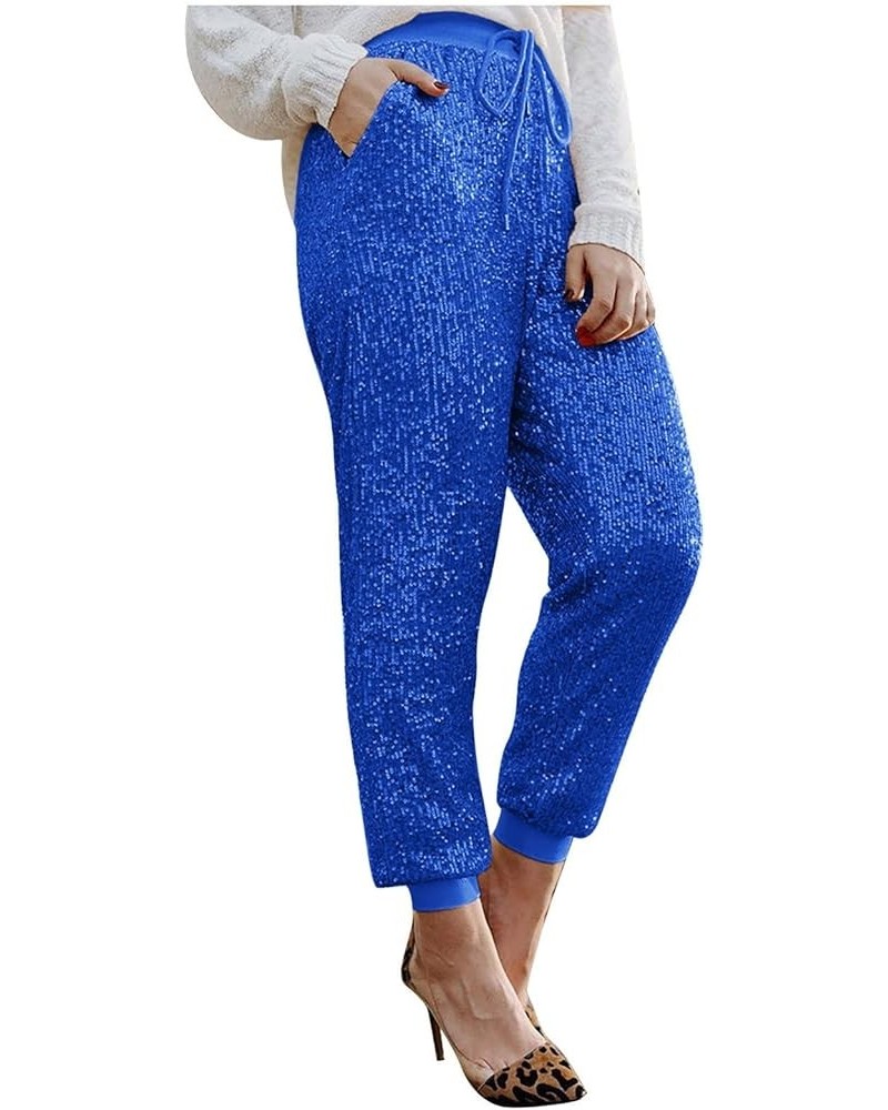 Womens Sequin Jogging Pants High Waist Drawstring Sweatpants Elastic Waist Loose Fit Shiny Trousers with Pockets Blue $12.07 ...