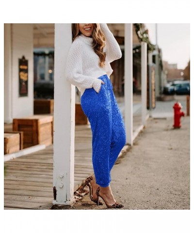 Womens Sequin Jogging Pants High Waist Drawstring Sweatpants Elastic Waist Loose Fit Shiny Trousers with Pockets Blue $12.07 ...