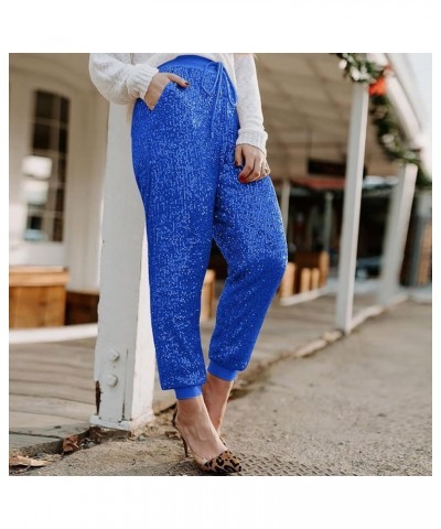 Womens Sequin Jogging Pants High Waist Drawstring Sweatpants Elastic Waist Loose Fit Shiny Trousers with Pockets Blue $12.07 ...