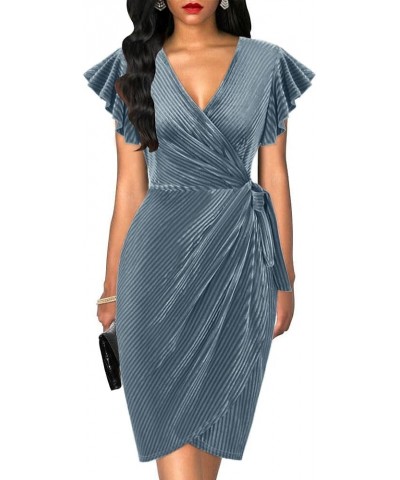 Womens Deep V Neck Ruffle Sleeve Velvet Sheath Cocktail Party Wedding Club Faux Wrap Dresses Velvet-grey Blue $20.58 Dresses