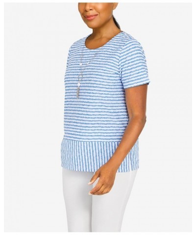 Women's Stripe Texture Knit Top with Necklace Periwinkle Small $20.70 T-Shirts