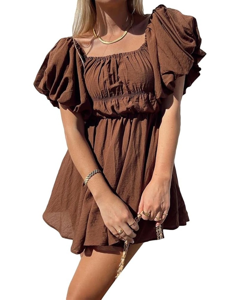 Women's Y2K Lace Mini Dress Short Sleeve Square Neck Ruffle Dress Empire Waist A Line Short Dresses Coffee5 $14.15 Dresses