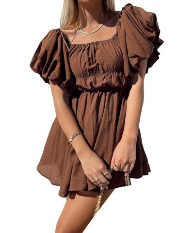 Women's Y2K Lace Mini Dress Short Sleeve Square Neck Ruffle Dress Empire Waist A Line Short Dresses Coffee5 $14.15 Dresses