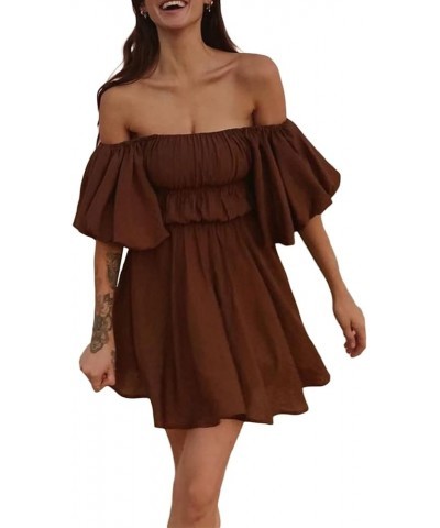 Women's Y2K Lace Mini Dress Short Sleeve Square Neck Ruffle Dress Empire Waist A Line Short Dresses Coffee5 $14.15 Dresses