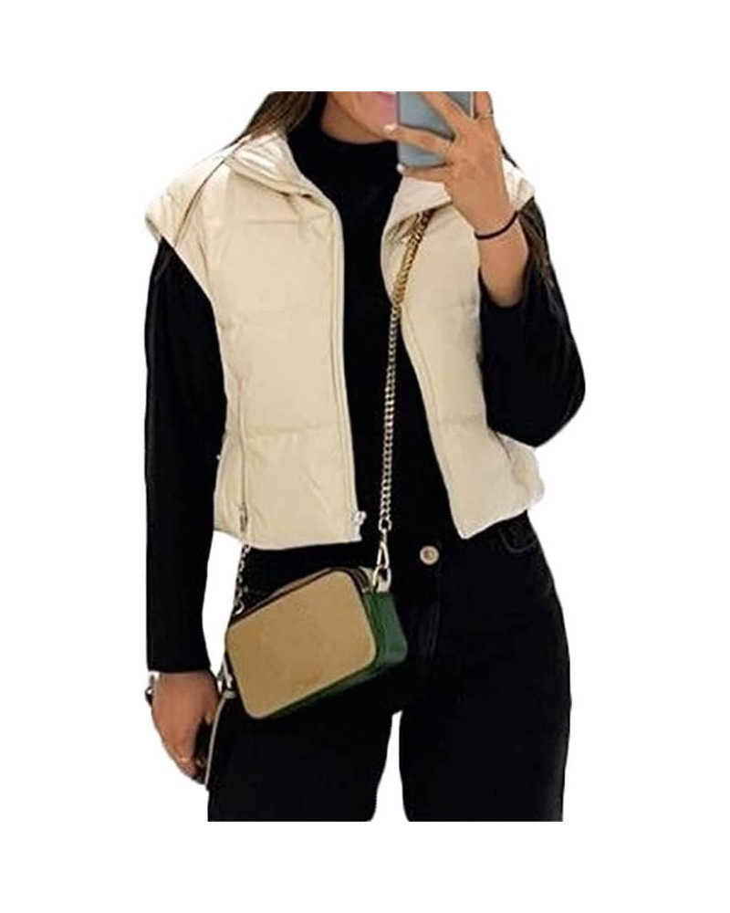 Women Cropped Puffer Vest Lightweight Sleeveless Cotton-Padded Top Stand Neck Zipper Outerwear Casual Jacket Pu Creamy White ...