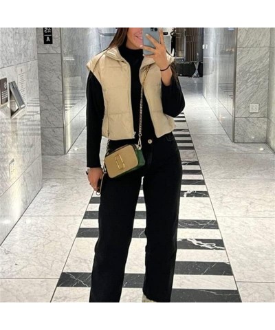 Women Cropped Puffer Vest Lightweight Sleeveless Cotton-Padded Top Stand Neck Zipper Outerwear Casual Jacket Pu Creamy White ...