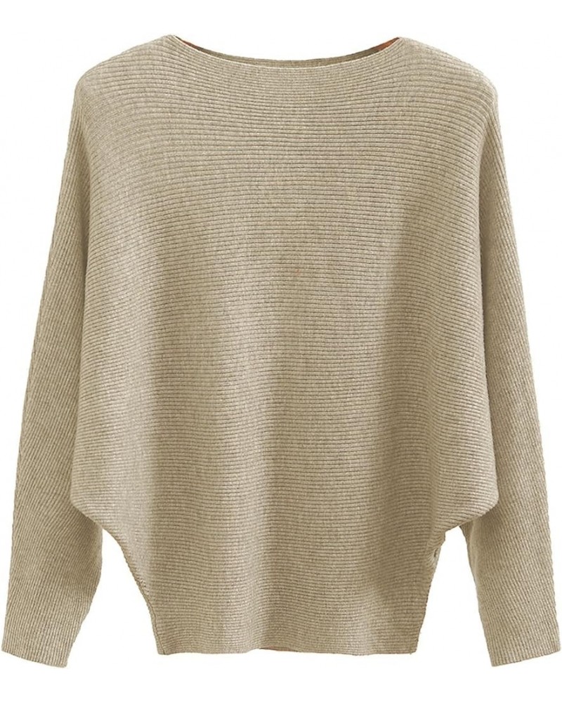 Boat Neck Batwing Sleeves Dolman Knitted Sweaters and Pullovers Tops for Women Tan $18.78 Sweaters