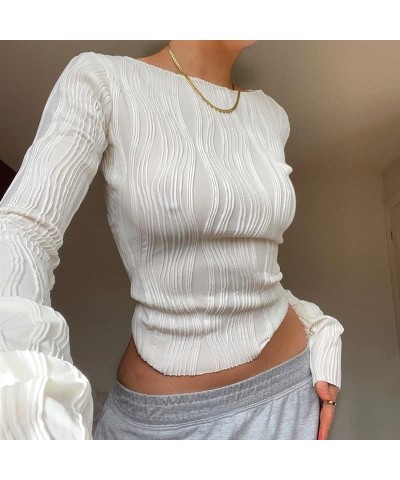 Women Low Cut Crop Shirt Long Sleeve Fitted Knit Tshirts Top Cutout Cropped Square Neck Tee Blouse Retro Streetwear Chic Whit...