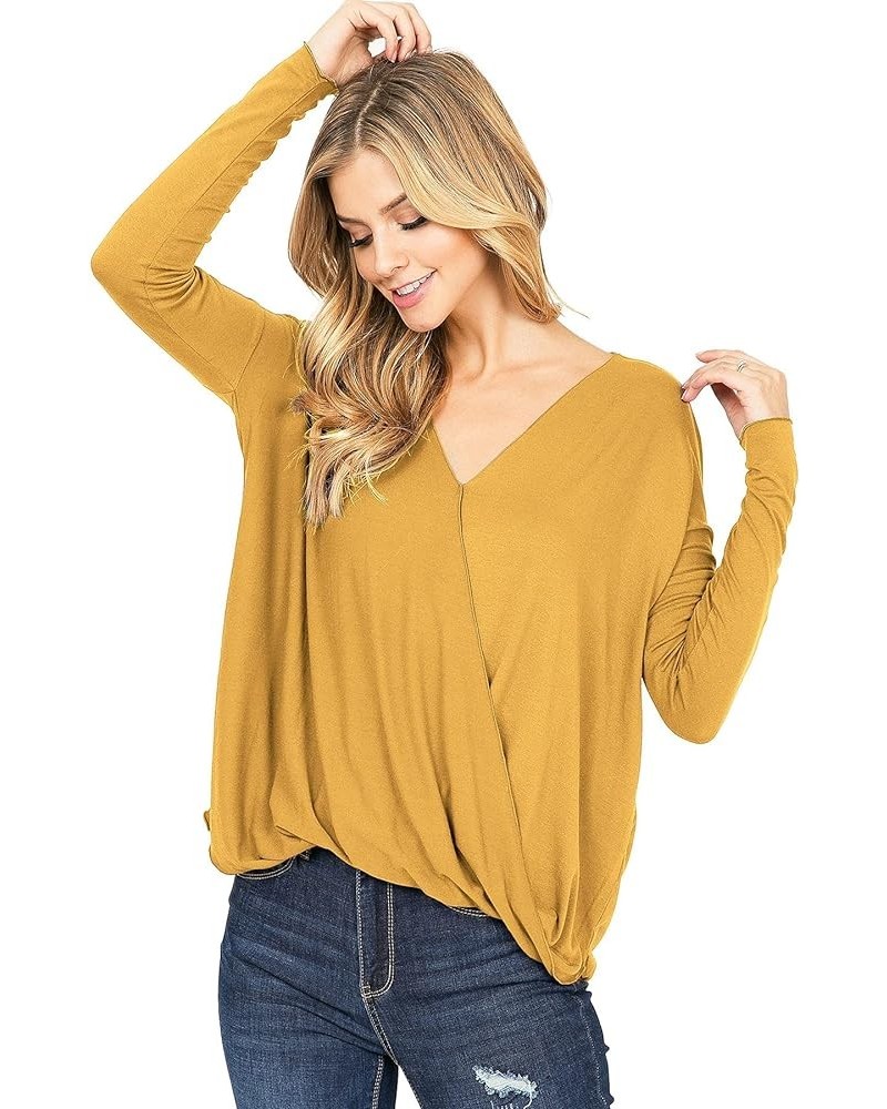 Women's Long Sleeve Surplice V-Neck Blouse Mustard $20.29 Blouses