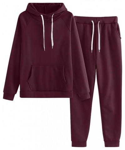 Classic Solid Two Piece Workout Sweatsuits for Women Drawstring Long Sleeve Hoodie Pullover Top and Jogger Pants Sets Wine Re...