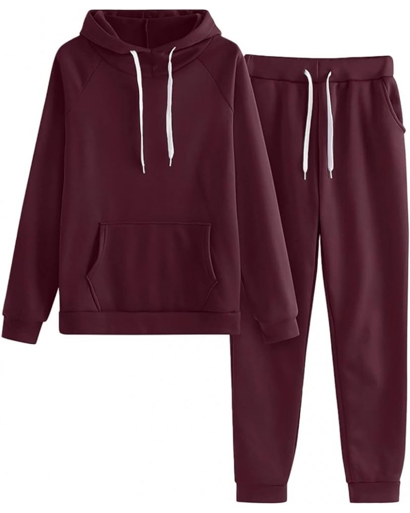 Classic Solid Two Piece Workout Sweatsuits for Women Drawstring Long Sleeve Hoodie Pullover Top and Jogger Pants Sets Wine Re...