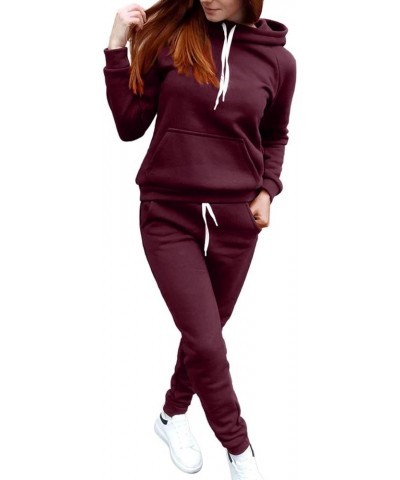 Classic Solid Two Piece Workout Sweatsuits for Women Drawstring Long Sleeve Hoodie Pullover Top and Jogger Pants Sets Wine Re...