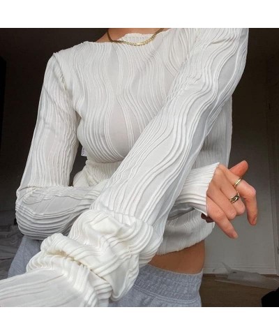 Women Low Cut Crop Shirt Long Sleeve Fitted Knit Tshirts Top Cutout Cropped Square Neck Tee Blouse Retro Streetwear Chic Whit...