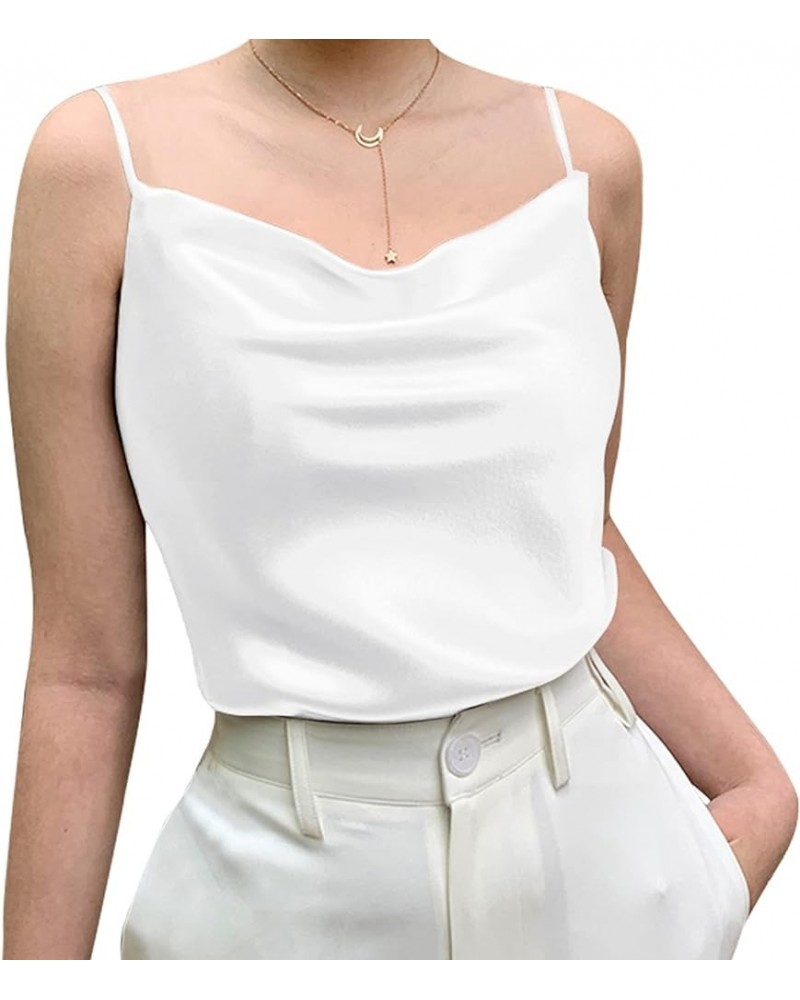 Basic Women's Silk Tank Top Ladies V-Neck Camisole Silky Loose Sleeveless Blouse Satin Tank Shirt Cowl Neck-white $14.57 Tanks