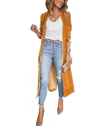 Women’s Long Velvet Cardigan Jacket Open Front Lapel Velvet Cardigan Outwear Yellow $20.43 Sweaters