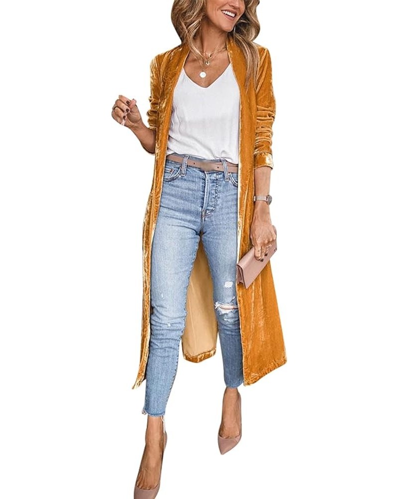 Women’s Long Velvet Cardigan Jacket Open Front Lapel Velvet Cardigan Outwear Yellow $20.43 Sweaters