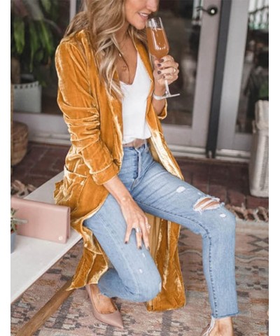 Women’s Long Velvet Cardigan Jacket Open Front Lapel Velvet Cardigan Outwear Yellow $20.43 Sweaters