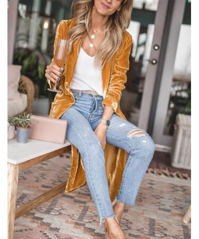 Women’s Long Velvet Cardigan Jacket Open Front Lapel Velvet Cardigan Outwear Yellow $20.43 Sweaters