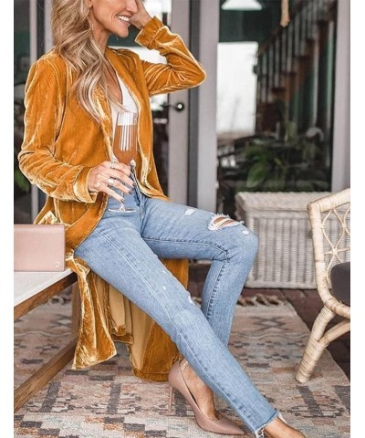 Women’s Long Velvet Cardigan Jacket Open Front Lapel Velvet Cardigan Outwear Yellow $20.43 Sweaters