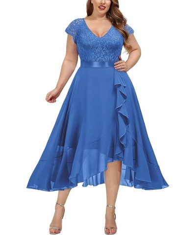 Women's Plus Size V Neck Floral Lace Ruffle Asymmetrical Hemline Elegant Bridesmaid Maxi Dress Blue $30.82 Dresses