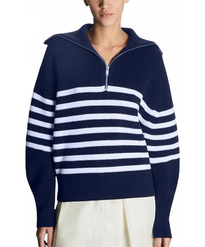 Half Zip Sweater Pullover for Teen Girls Women Stripe Print Long Sleeve V Neck Knit Jumper Tops Navy $19.18 Sweaters