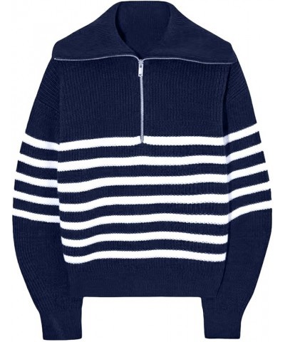 Half Zip Sweater Pullover for Teen Girls Women Stripe Print Long Sleeve V Neck Knit Jumper Tops Navy $19.18 Sweaters