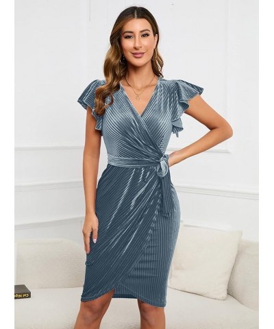 Womens Deep V Neck Ruffle Sleeve Velvet Sheath Cocktail Party Wedding Club Faux Wrap Dresses Velvet-grey Blue $20.58 Dresses