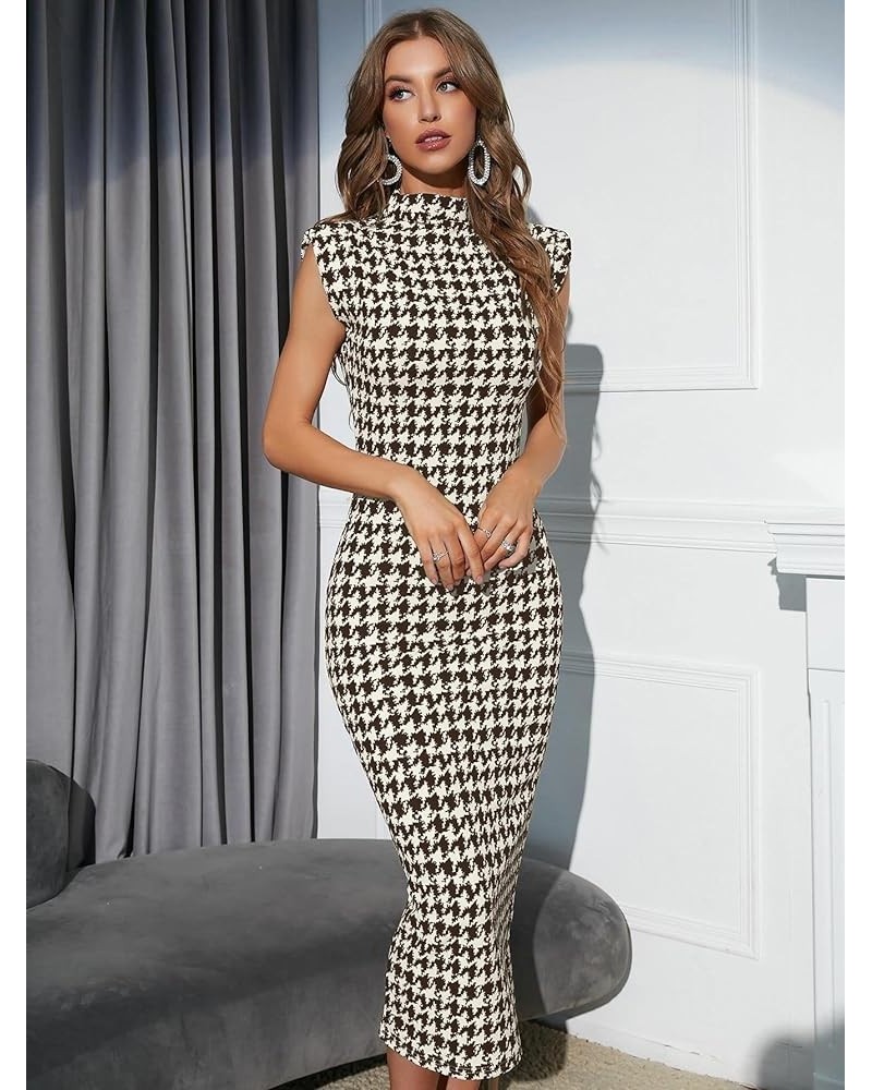 Women's Dress Dresses for Women Houndstooth Shoulder Pads Mock Neck Bodycon Dress (Color : Chocolate Brown, Size : Medium) La...