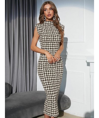 Women's Dress Dresses for Women Houndstooth Shoulder Pads Mock Neck Bodycon Dress (Color : Chocolate Brown, Size : Medium) La...