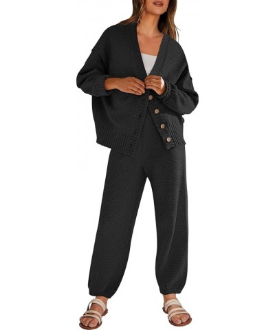 Women's 2 Piece Outfits Sweater Set 2023 Fall Oversized Knit Cardigan High Waisted Pants Sweatsuit Lounge Sets Black $13.99 A...