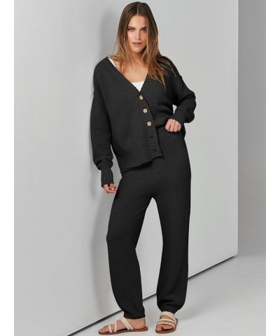 Women's 2 Piece Outfits Sweater Set 2023 Fall Oversized Knit Cardigan High Waisted Pants Sweatsuit Lounge Sets Black $13.99 A...