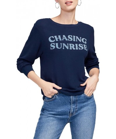 Women's Baggy Beach Long Sleeve Pullover Sweatshirt Sunrise Chaser Dress Blues $36.52 Hoodies & Sweatshirts