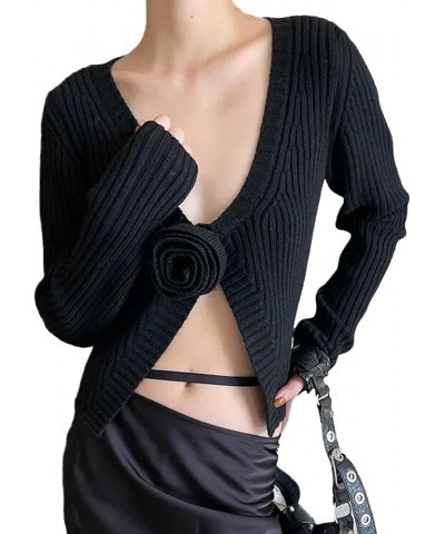 Women Open Front Cropped Cardigan Long Sleeve V Neck 3D Flower Sweater Bodycon Tight Knitted Sweater Coat Black $10.56 Sweaters