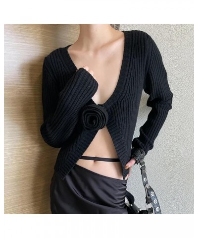 Women Open Front Cropped Cardigan Long Sleeve V Neck 3D Flower Sweater Bodycon Tight Knitted Sweater Coat Black $10.56 Sweaters