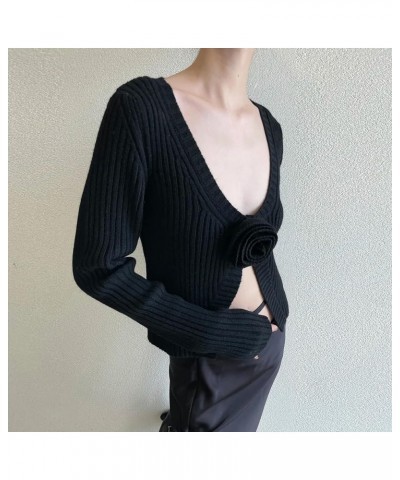 Women Open Front Cropped Cardigan Long Sleeve V Neck 3D Flower Sweater Bodycon Tight Knitted Sweater Coat Black $10.56 Sweaters