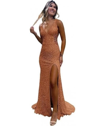 Hollow-Out Sequin Prom Dress 2024 Long for Teens with Slit V Neck Mermaid Backless Evening Party Gowns VS045 Burnt Orange $31...