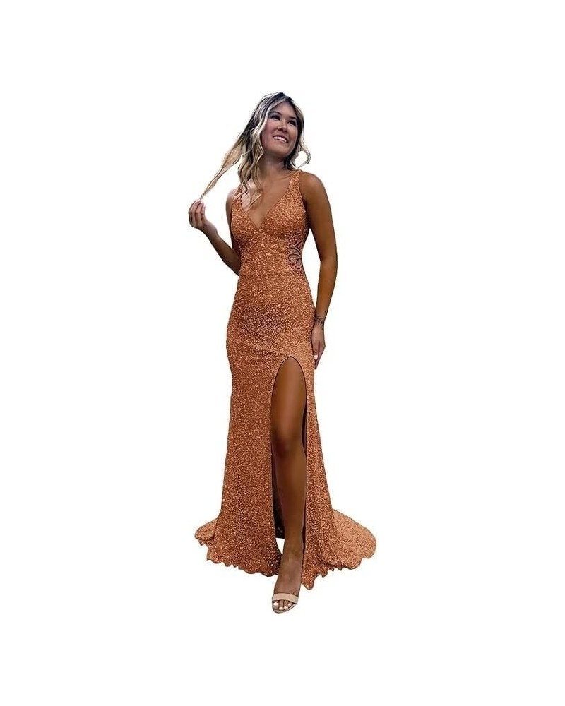 Hollow-Out Sequin Prom Dress 2024 Long for Teens with Slit V Neck Mermaid Backless Evening Party Gowns VS045 Burnt Orange $31...