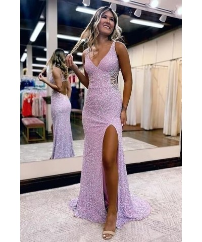 Hollow-Out Sequin Prom Dress 2024 Long for Teens with Slit V Neck Mermaid Backless Evening Party Gowns VS045 Burnt Orange $31...