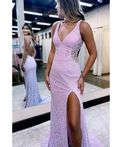 Hollow-Out Sequin Prom Dress 2024 Long for Teens with Slit V Neck Mermaid Backless Evening Party Gowns VS045 Burnt Orange $31...